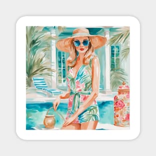 Girl in preppy outfit near the swimming pool Magnet