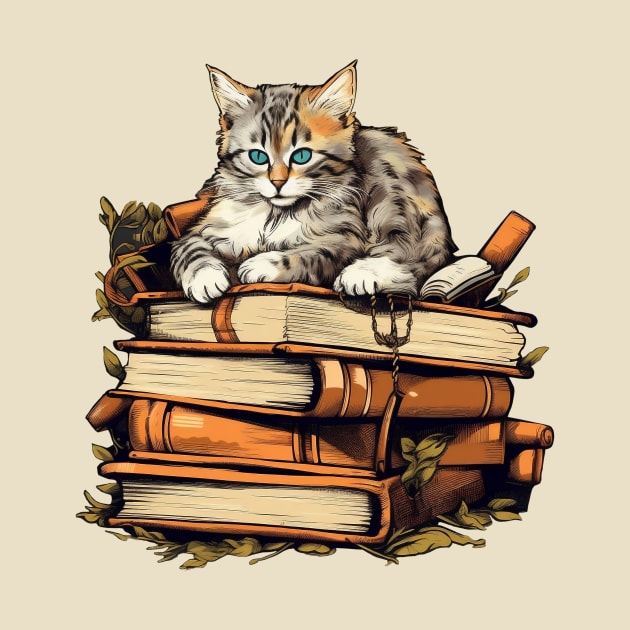 Bookish cat sleeping on books - Kitten lady & librarian gift by OutfittersAve