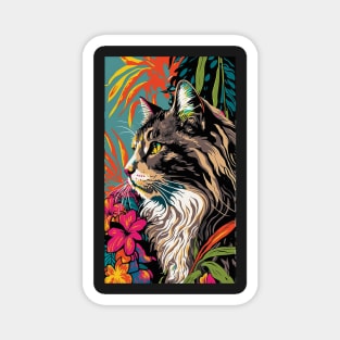 Maine Coon Cat Vibrant Tropical Flower Tall Retro Vintage Digital Pop Art Portrait 2 Magnet