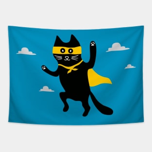 cat superhero is flying in the sky Tapestry