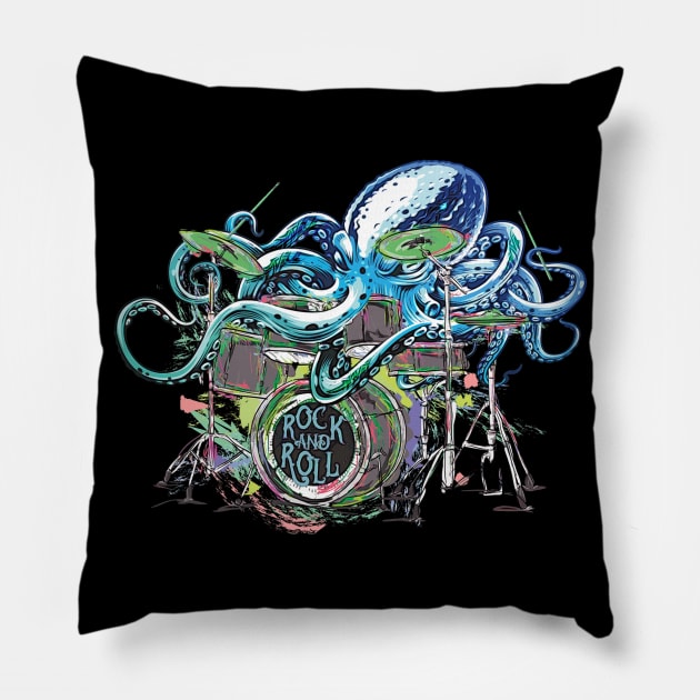 Drummer Octopus playing the drums Rock and Roll Style Pillow by Joaddo