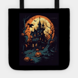 haunted house with halloween pumpkins Tote