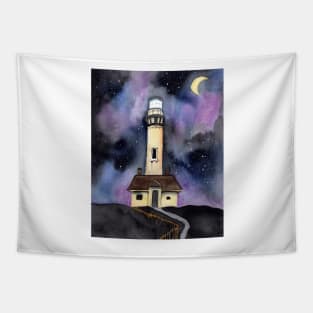Whimsical Lighthouse with Galaxy Background Tapestry