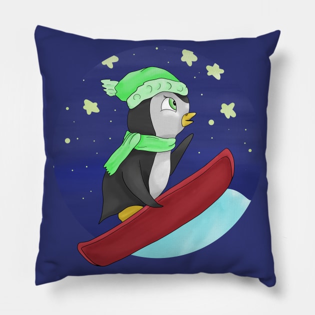 Penguin, snowboarder Pillow by Antiope