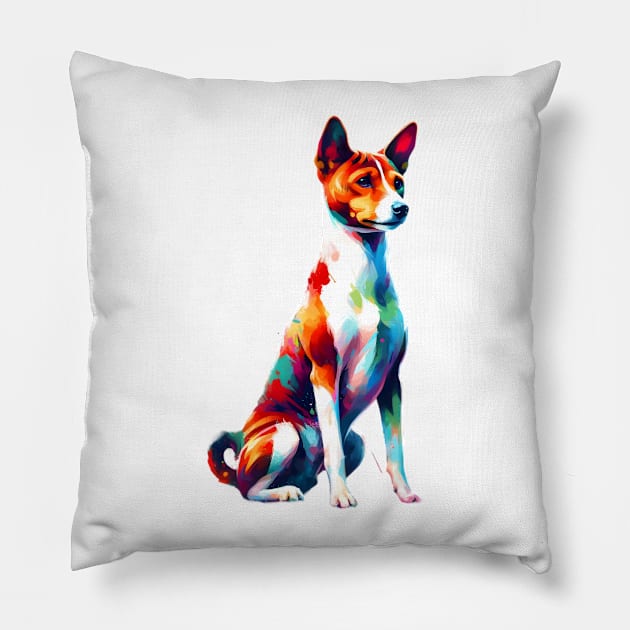Energetic Basenji in Colorful Abstract Splash Art Style Pillow by ArtRUs
