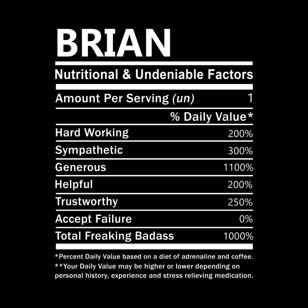 Brian Name T Shirt - Brian Nutritional and Undeniable Name Factors Gift Item Tee by nikitak4um