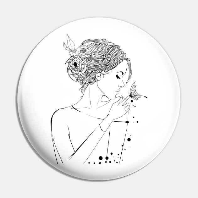 Beautiful Woman Black and White Illustration, Summer Art, Floral Boho Style Pin by EquilibriumArt