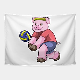 Pig at Sports with Volleyball Tapestry