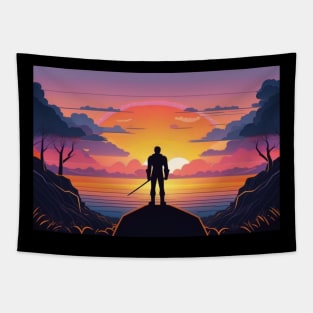 "Crimson Conquest: A Story of Strength in the Sunset Glow" Tapestry