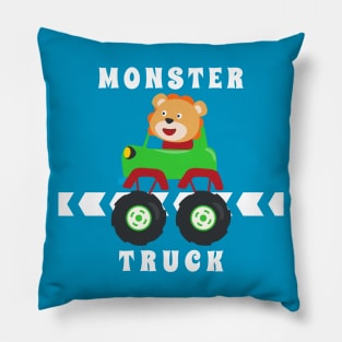 Cartoon vector of monster truck with little animal driver. Pillow