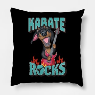 Karate Rocks with Doxie Dog Dachshund with guitar rocks tee Pillow