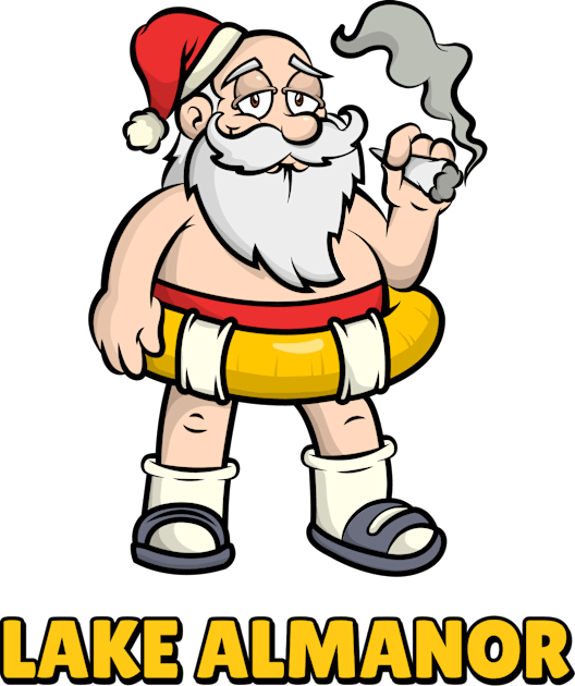 Lake Almanor Funny Lazy and Naked Santa Clause Smoking a Joint with a Swim Tube Around Him, Funny Christmas Gift Kids T-Shirt by AbsurdStore