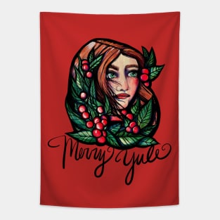Merry Yule Holly Berries Pagan Goddess Tapestry
