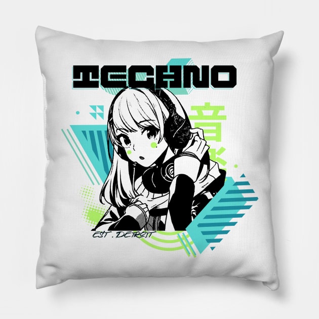 TECHNO  - Y2K Anime (black/lime/teal) Pillow by DISCOTHREADZ 