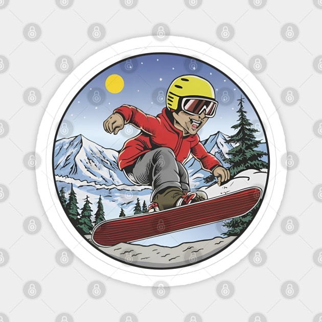 Chromatic Winter Delight: Snowboarder's Acrobatic Flight in Comic Style with White, Red, Yellow, and Black Tones Magnet by PopArtyParty