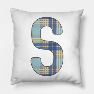 Monogram Letter S, Blue, Yellow and Grey Scottish Tartan Style Typography Design Pillow