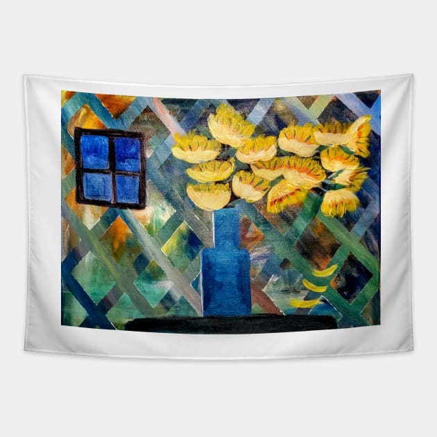 Abstract vintage style lillys in metallic turquoise vase Tapestry by kkartwork