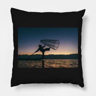 Silhouette of Traditional Fisherman on Lake Inle, Myanmar Pillow