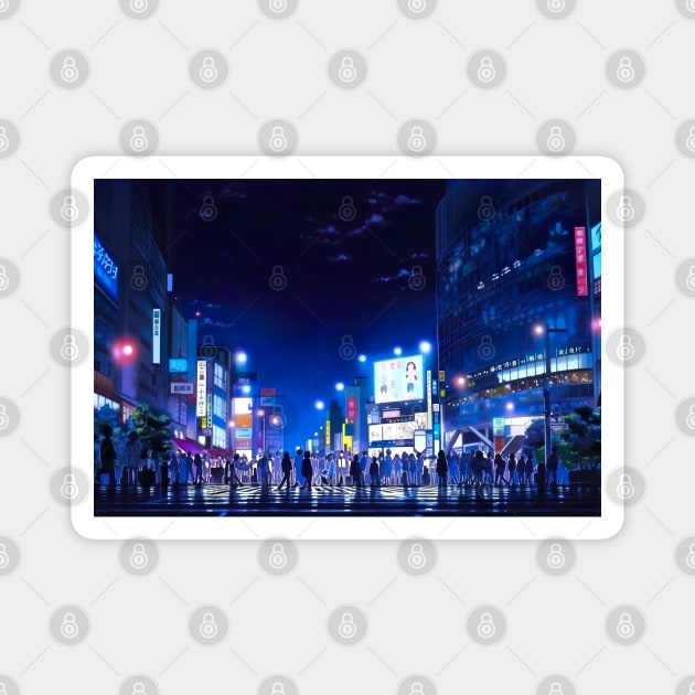 Shibuya Crossing in Tokyo at Night Cityscape - Anime Wallpaper Magnet by KAIGAME Art