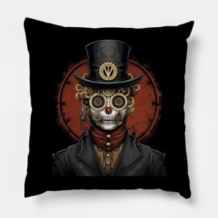 Vintage Robot Skeleton in a Suit and Top Hat Against a Red Moon – Retro Horror Illustration. Pillow