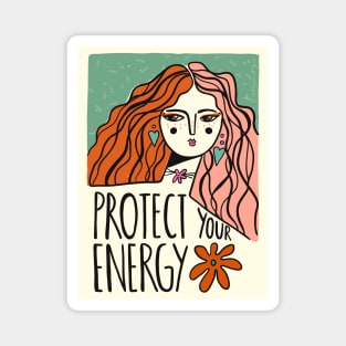 Protect your energy, Inspirational art, 70s, Woman art, Groovy art, Hippie poster, Affirmation Magnet