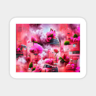 Beautiful Pink Flowers and City Art Magnet