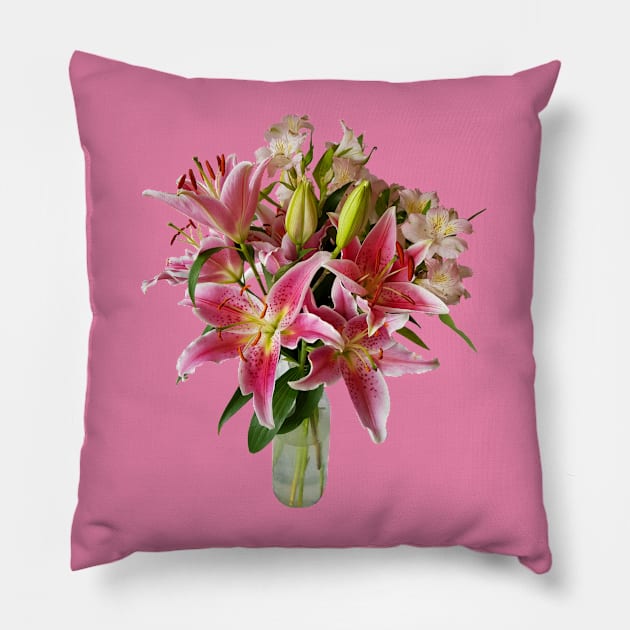 Pink Lily Flowers Bouquet Pillow by ellenhenryart