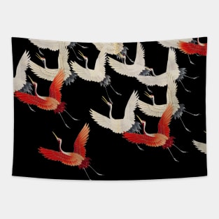 FLYING RED WHITE CRANES IN BLACK Japanese Pattern Tapestry