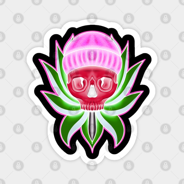 Pink and Green Neon Skull with Hat in Lotus flower T-Shirt Magnet by Print Art Station