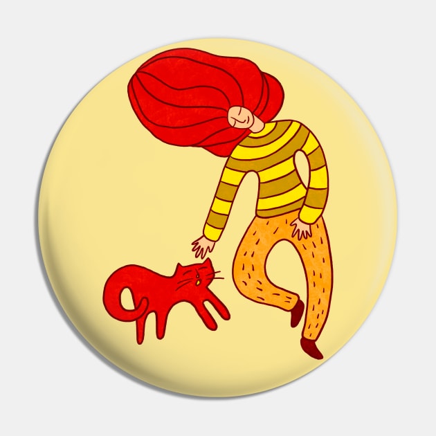 Cool girl with red hair and red cat walking, version 1 Pin by iulistration