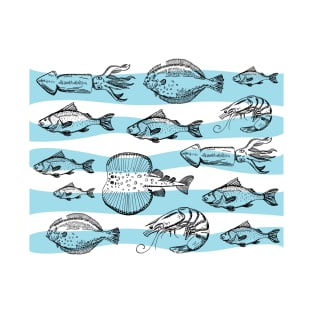 Sea Fishes - Hand Drawn - Striped T-Shirt