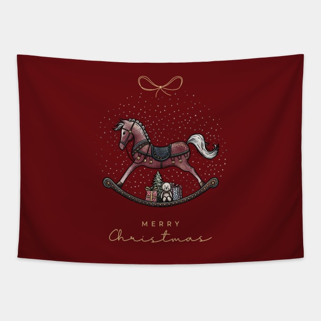 Merry Christmas lettering with Rocking Horse illustration, cute bear, gifts and Christmas tree on a blue snow background. Tapestry by ChrisiMM