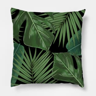 Monstera, Spider Palm, Tropical Leaves Print on Black Pillow