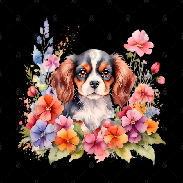 A cavalier king charles spaniel decorated with beautiful watercolor flowers by CreativeSparkzz