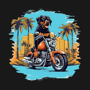 A retro t-shirt design featuring a Rottweiler Dog on a motorcycle T-Shirt