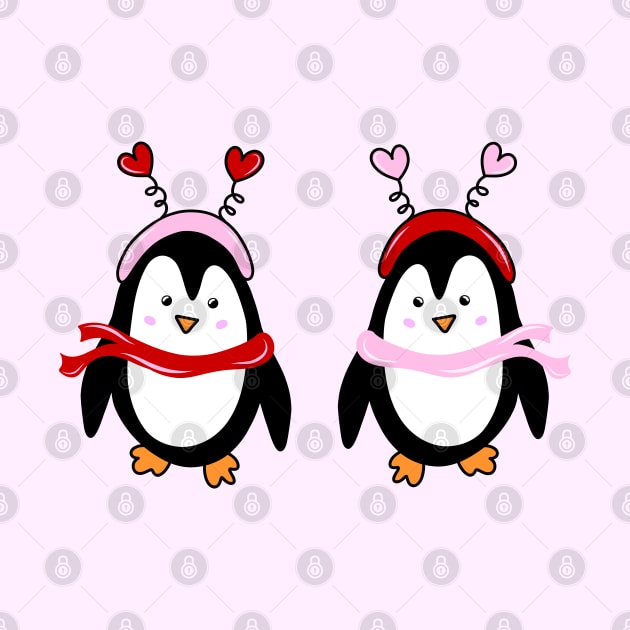 Valentines Penguin Pair with Pink and Red Heart Headbands and Scarves, made by EndlessEmporium by EndlessEmporium