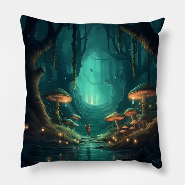 Enigma in the Shadows: The Brave Odyssey of the Girl in the Enchanted Forest Pillow by insaneLEDP