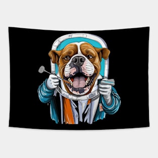 an English Bulldog wearing a dentist's coat and holding a toothbrush Tapestry