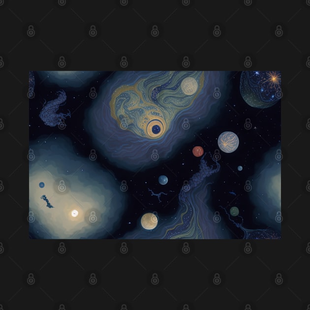 Japanese Nihonga Painting Planets Stars and Galaxies by Maljonic