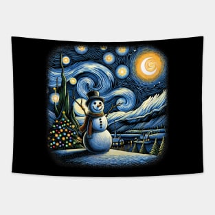 Van Gogh Starry Night Christmas Snowman Winter Snowy Night Tapestry