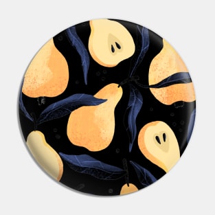 Pretty yellow pear pattern with leaves on black background Pin