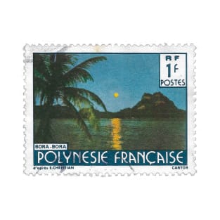 Full Moon Rising over Bora Bora Vintage French Polynesia Stamp T-Shirt