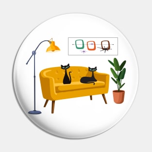 Mid Century Cats on Yellow Retro Sofa Pin