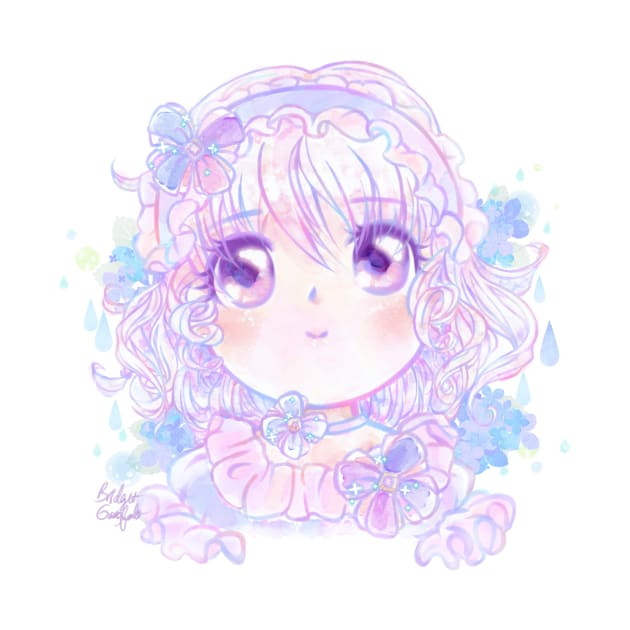 Hydrangea Girl - Cute Kawaii Anime Original Character Watercolor Art by BonBonBunny