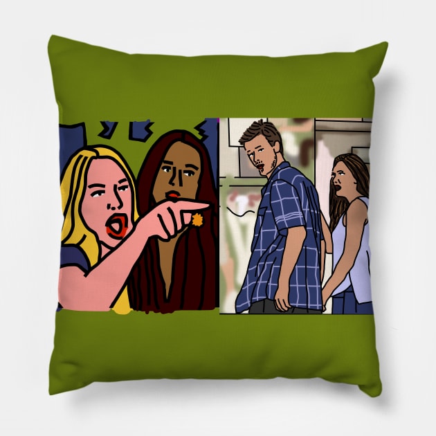 Woman Yelling at Distracted Boyfriend Meme Mash-up Pillow by ellenhenryart