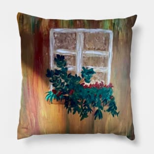 sunny day old window with flowers in colorful house Pillow