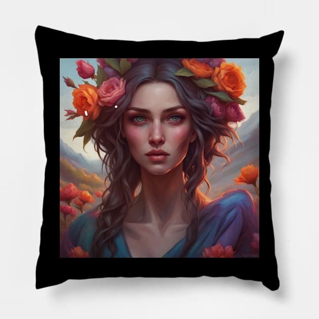 Beautiful Woman with Colorful Flowers in Her Hair Pillow by tearbytea