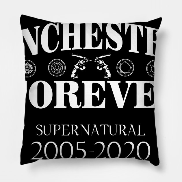 Winchesters Forever T-Shirt Pillow by SevenTwentyThree