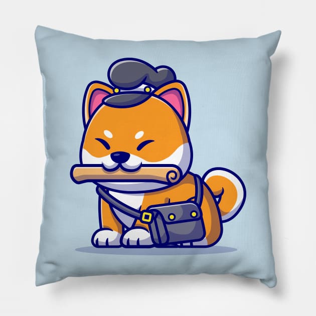 Cute Shiba Inu Dog Courier Newspaper Cartoon Pillow by Catalyst Labs