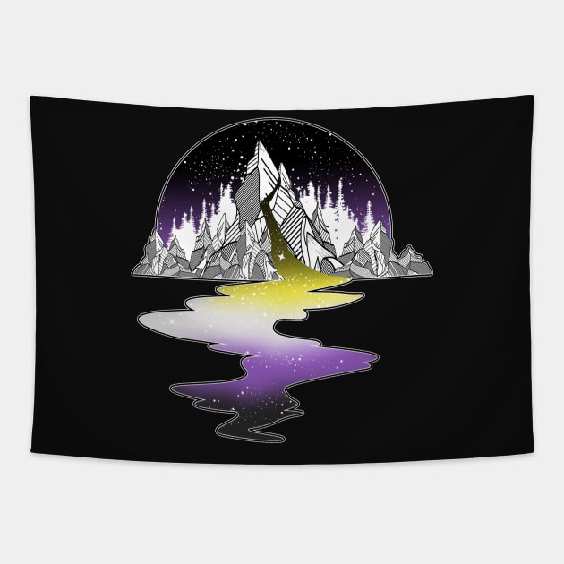 Nonbinary Flag Mountain River Tapestry by Psitta